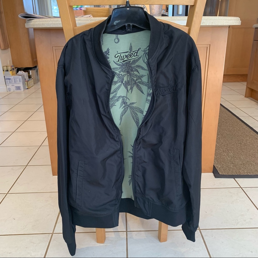 Unisex XL Tweed Black Bomber Jacket with Green Lining